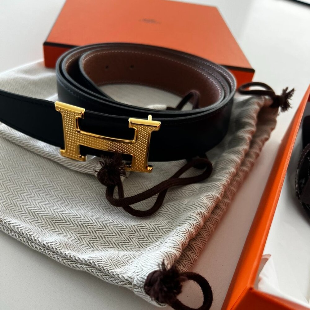 Hermes Reversible Belt Black/Brown 90mm - Gold Buckle